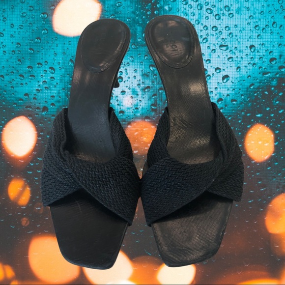 Gucci Shoes - Gucci sandals slides, black, woven top, leather soles, kitten heels, Sz 8.5B